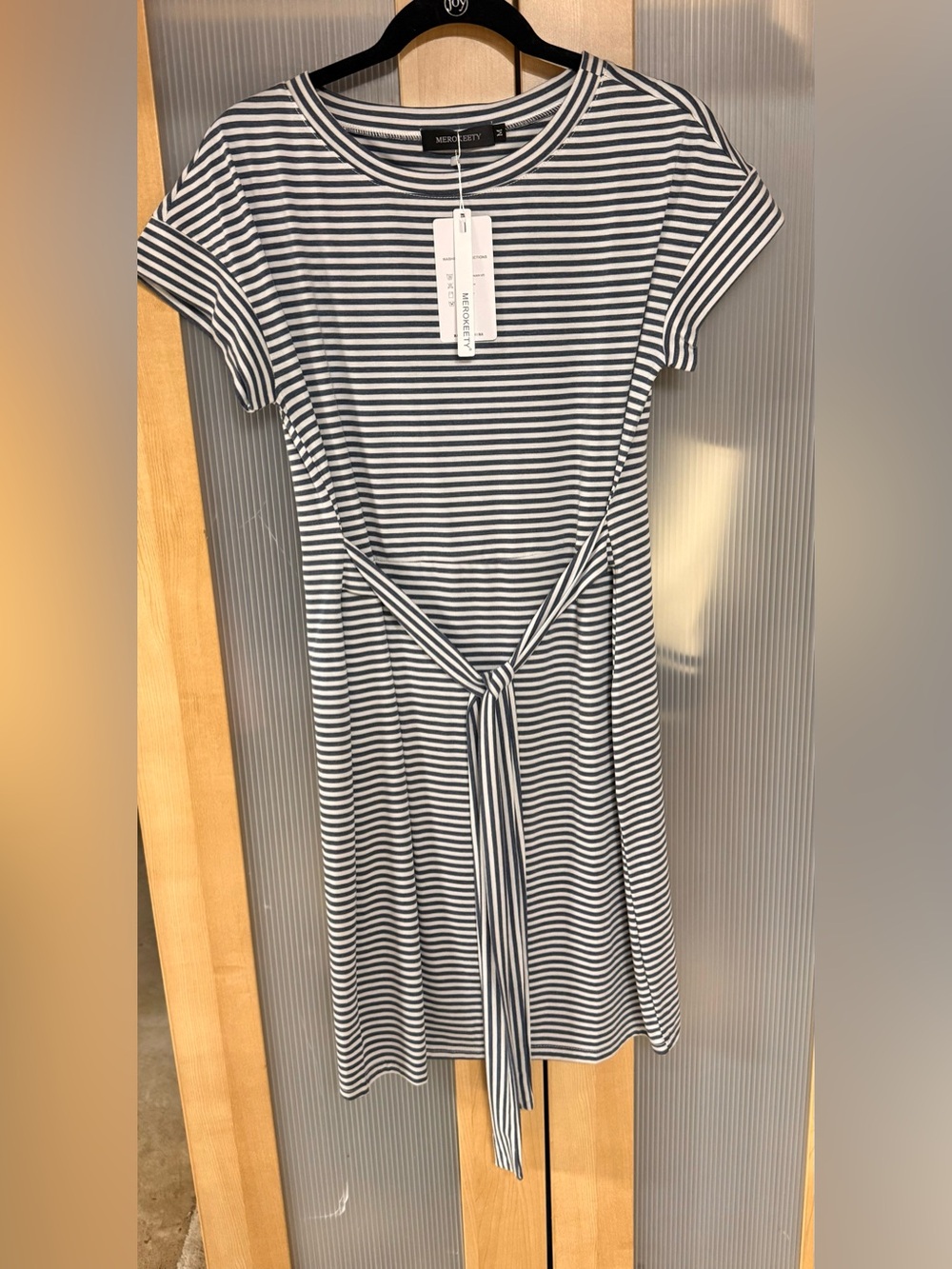Women’s Navy & White Striped Tie-Waist Midi Dress